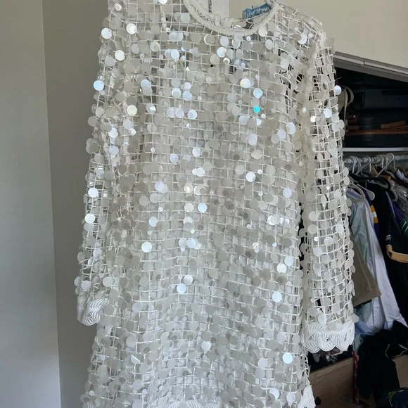 White Sequin Mesh Bell-Sleeve Midi Dress - Picture 3 of 6